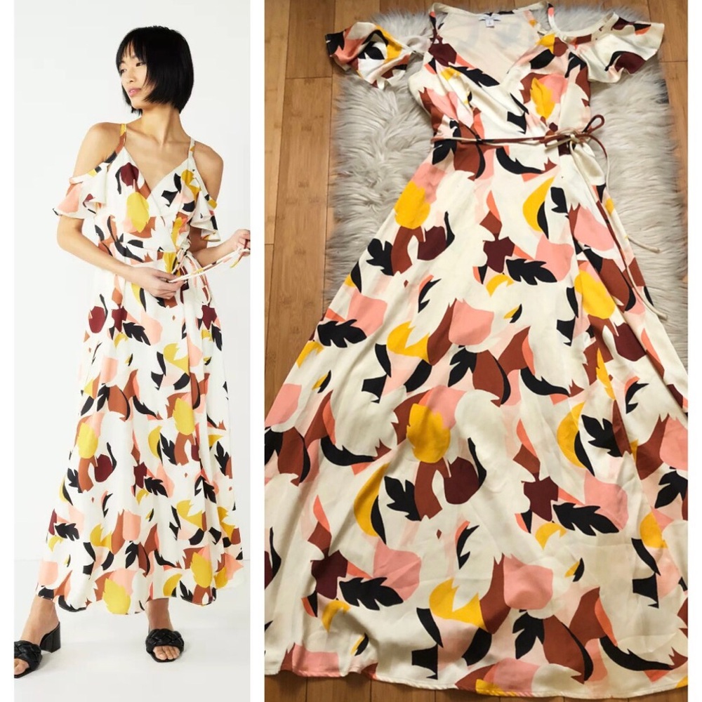 Nine West Satin True Wrap Abstract Prints Flutter Cold Shoulder Maxi Dress S